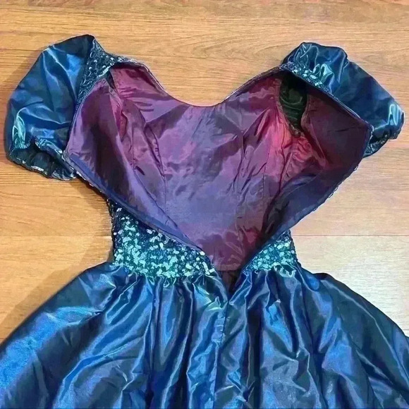 VTG Mike Benet Formals Blue Puff Sleeve Sweetheart Ribbon Prom Dress Size XS - Picture 11 of 11